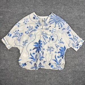 Mango MNG Popover Blouse Womens 8 Floral Cotton Short Sleeve Cottage Coastal